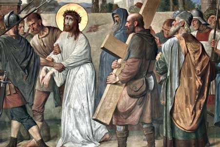 3e statie Simon van Sirene helpt Jezus het kruis dragen